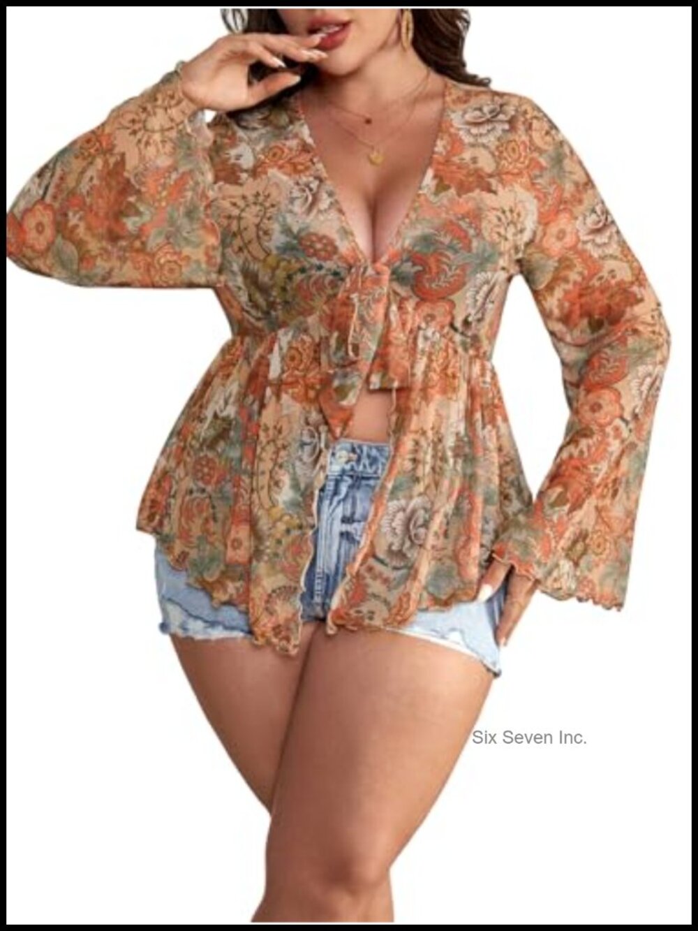 Plus Size Boho Floral Mesh Peplum Top Long Sleeve V-Neck